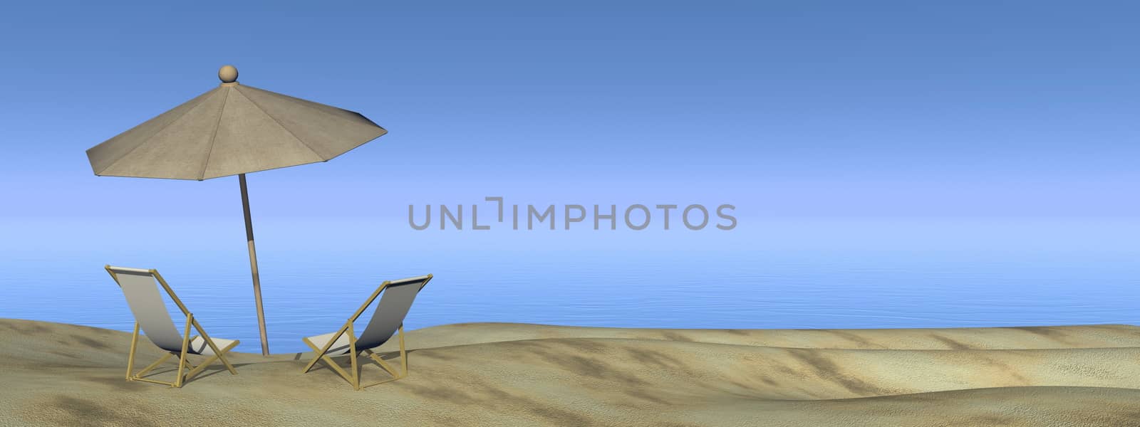 Two chairs under an umbrella at the beach by day - 3D render