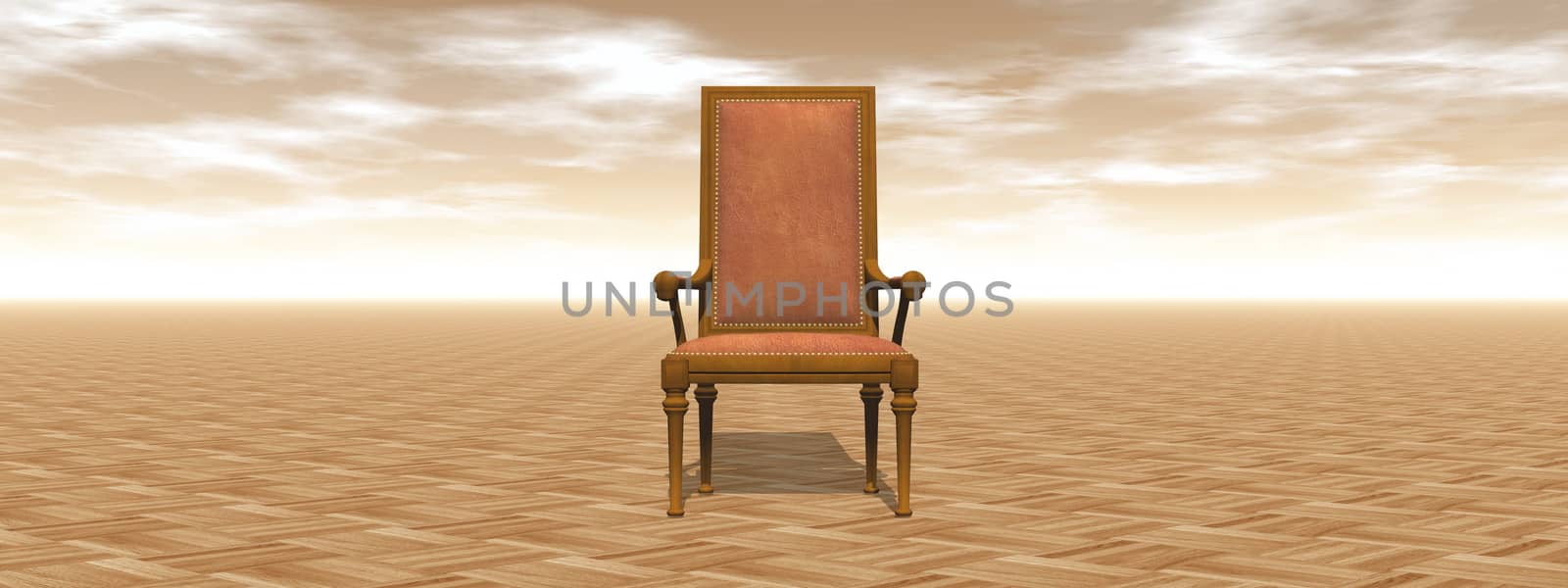 Ancient chair standing alone on the wooden floor by sunset - 3D render