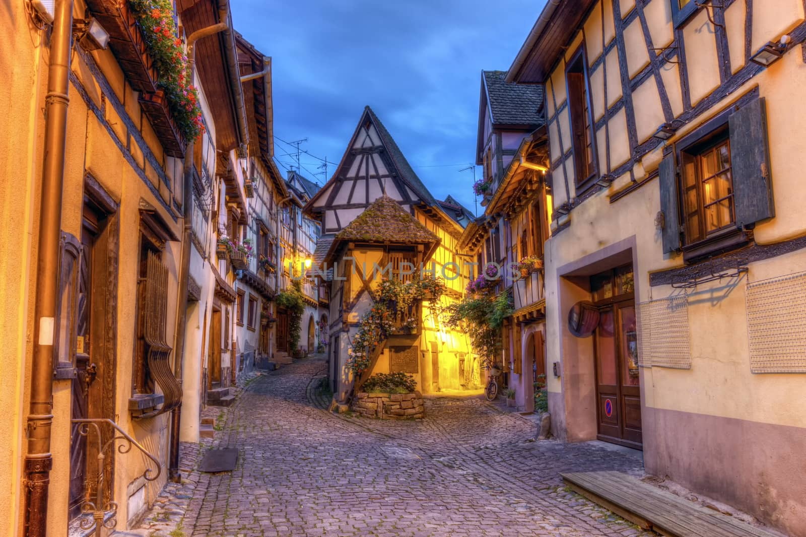 Rempart-sud street in Eguisheim by night, Alsace, France
