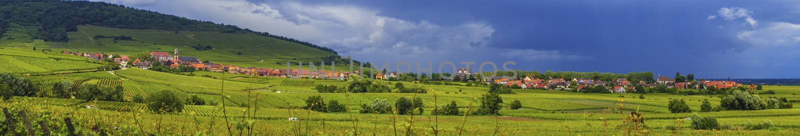Alsace landscape with villages and vineyards by cloudy day