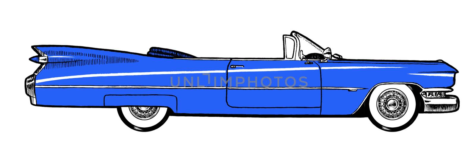 Authentic 1959 Azure Classic Retro Car isolated on white background. Digital painting cartoon style illustration.