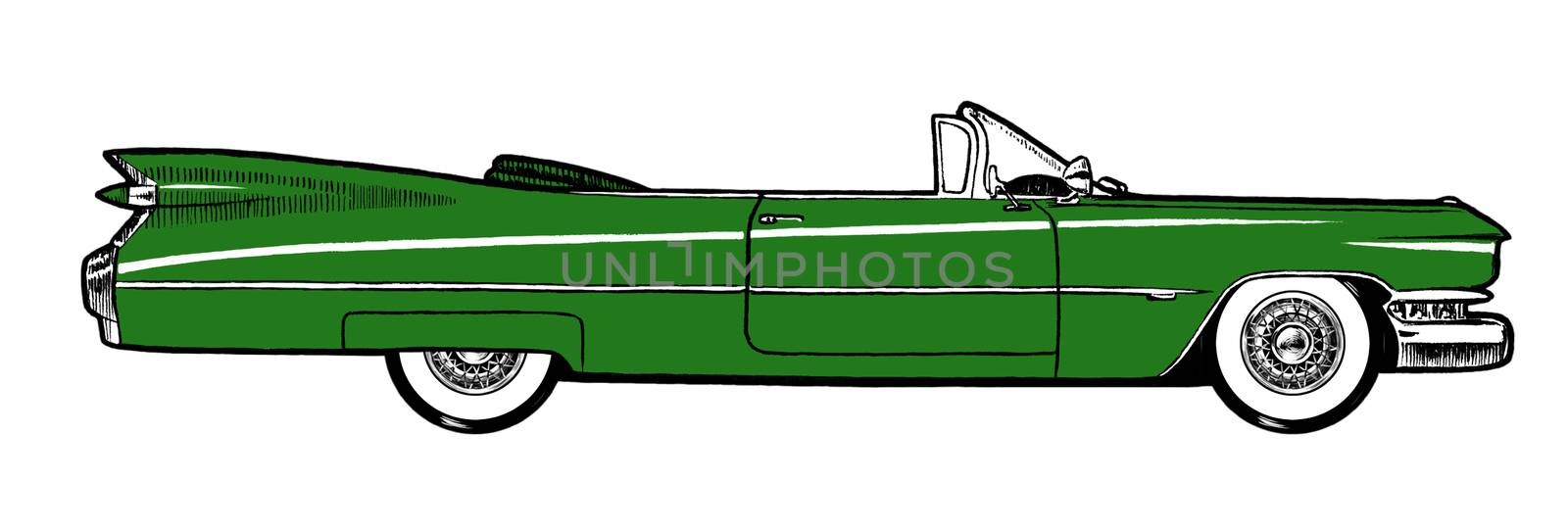 Green Authentic 1959 Classic Retro Car isolated on white background. Digital painting cartoon style illustration.