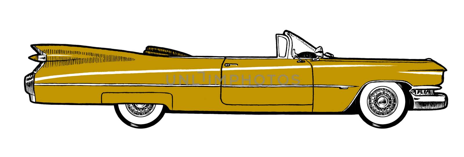 Mustard Authentic 1959 Classic Retro Car isolated on white background. Digital painting cartoon style illustration.