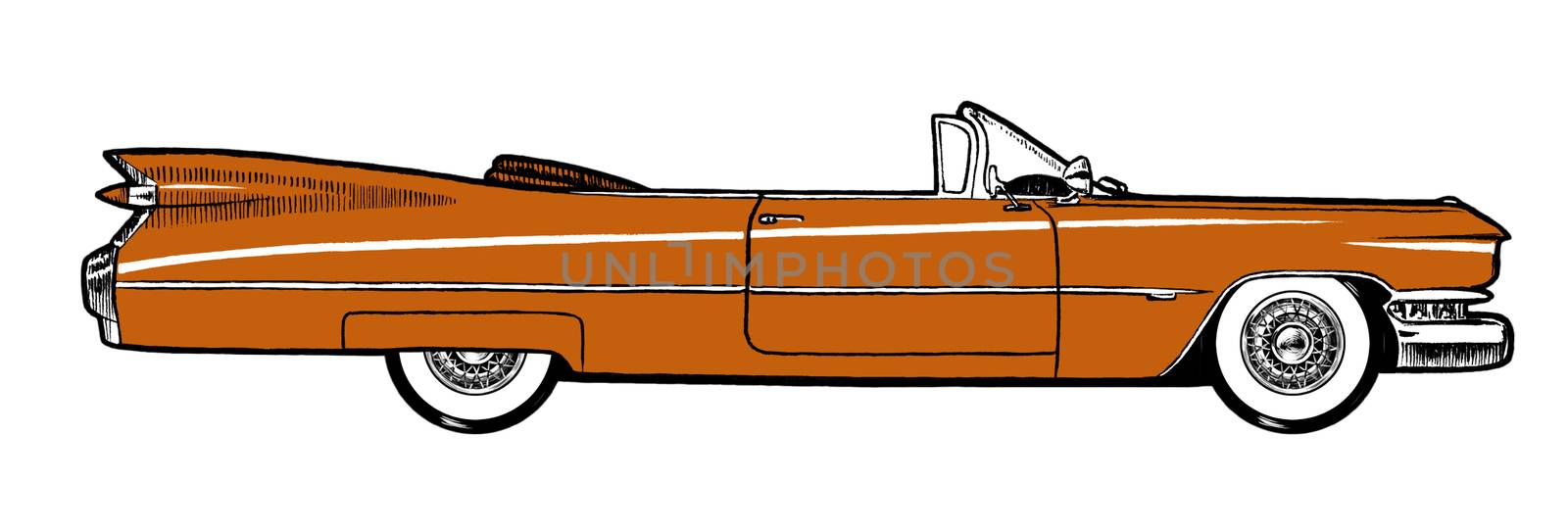 Orange Authentic 1959 Classic Retro Car isolated on white background. Digital painting cartoon style illustration.