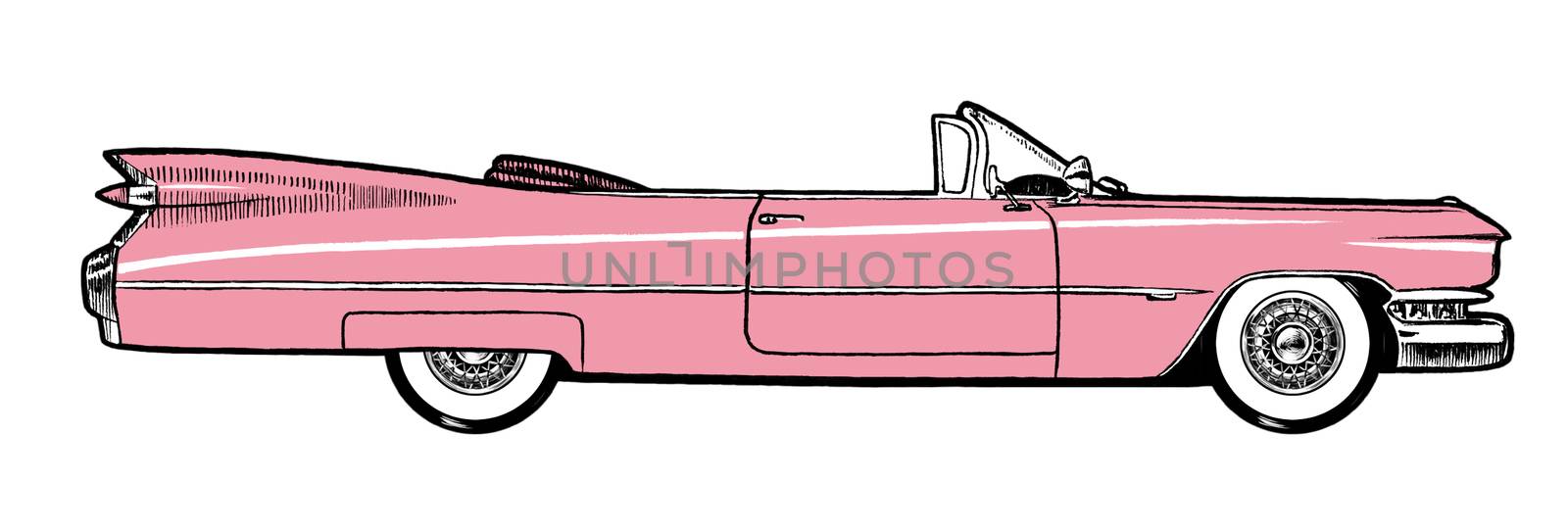 Pink Authentic 1959 Classic Retro Car isolated on white background. Digital painting cartoon style illustration.