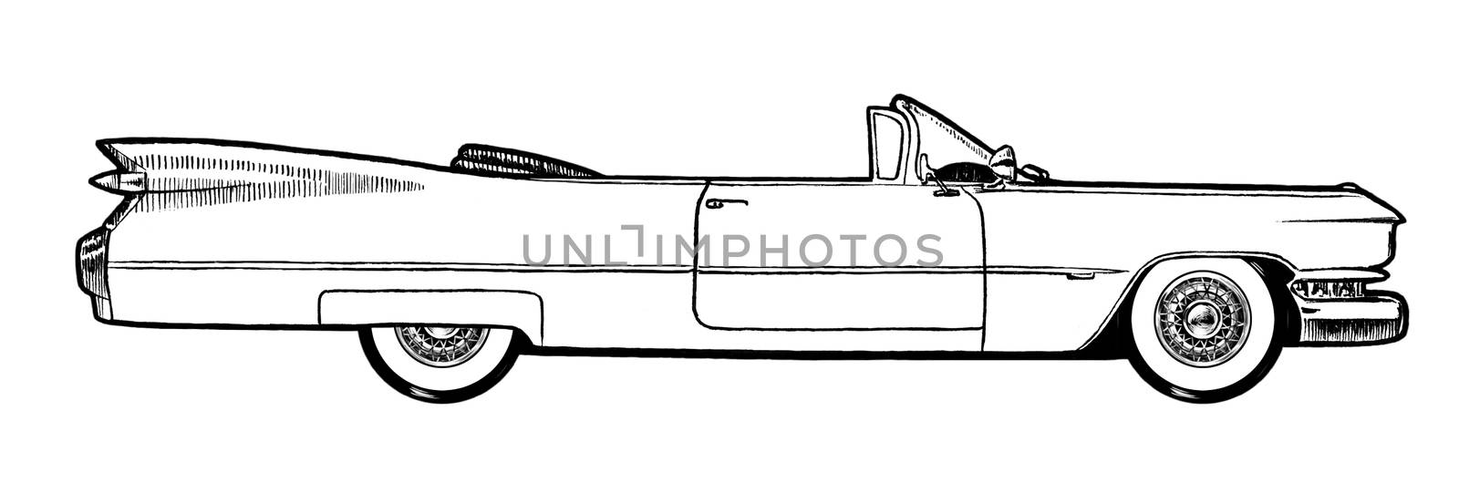 White Authentic 1959 Classic Retro Car isolated on white background. Digital painting cartoon style illustration.