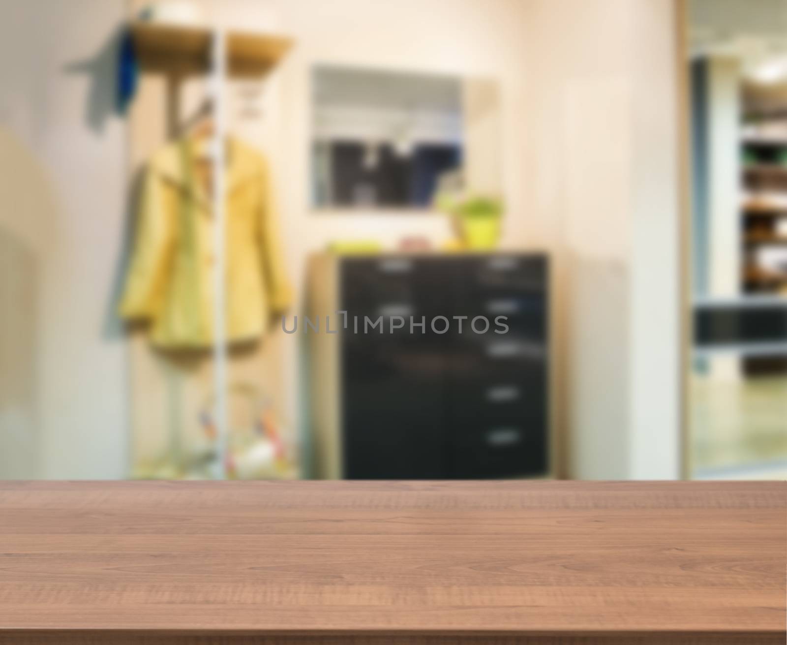 Wooden empty table in front of blurred background. Perspective dark wood over blur in modern apartment interior. Mock up for display or montage your products