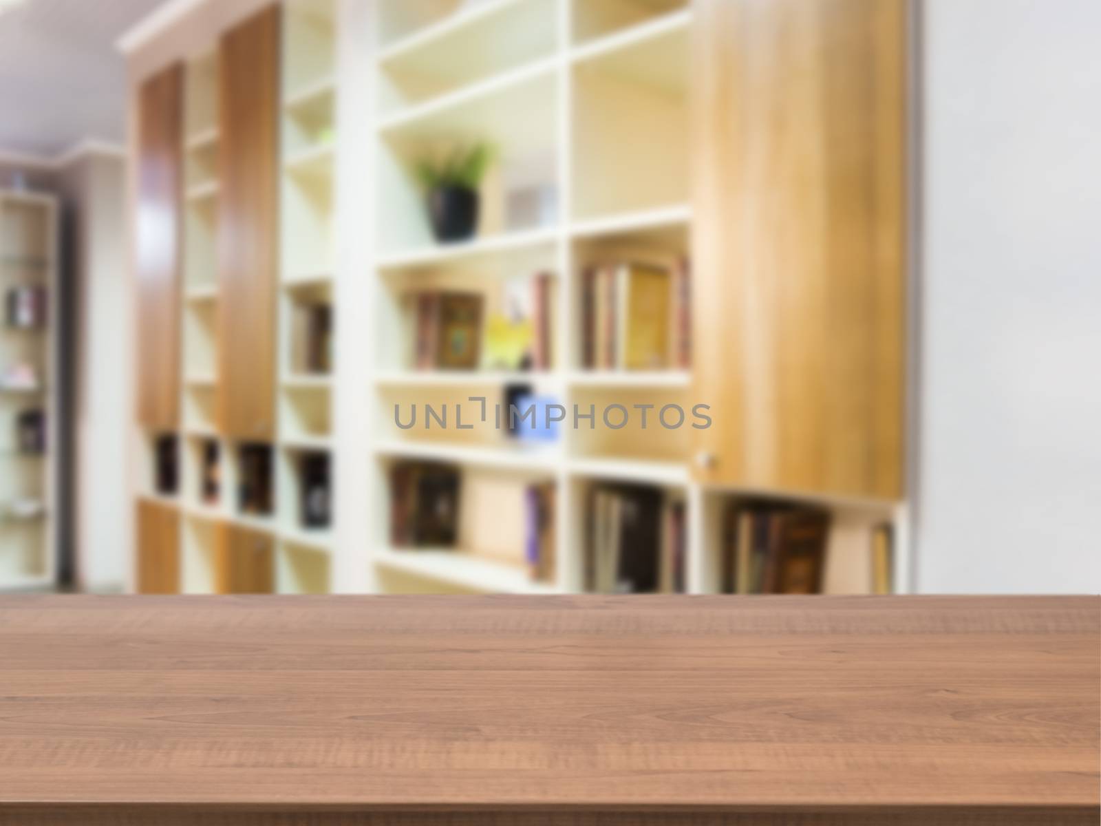 Wooden board empty table in front of blurred background. Perspective dark wood over blur in modern living room interior. Mock up for display or montage your products