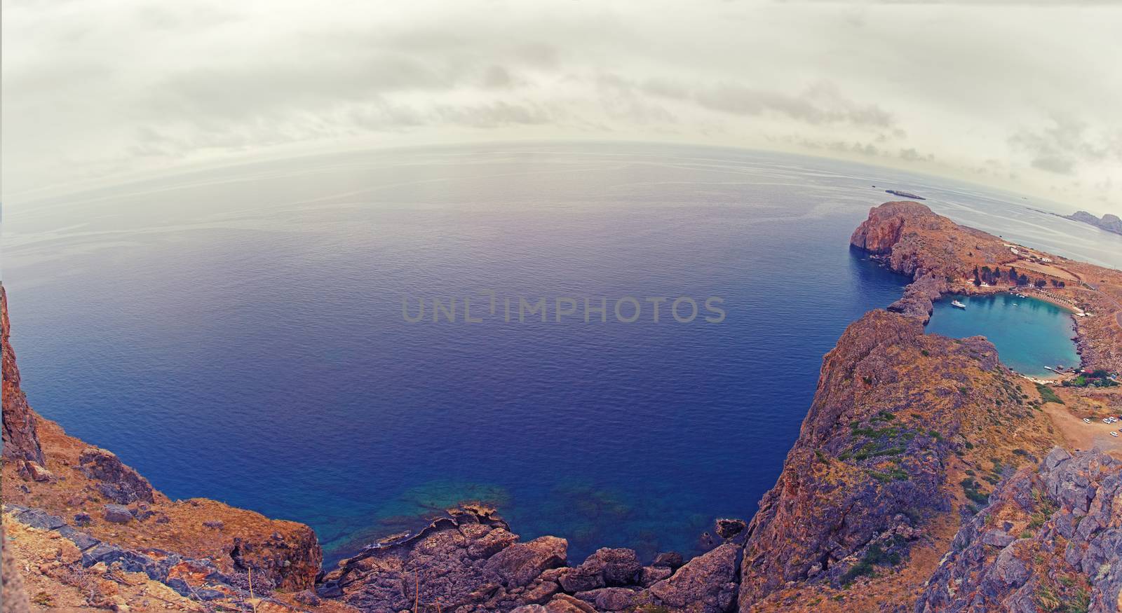  St. Paul's Bay panorama, Rhodes island, Greece. Fisheye lenses effect