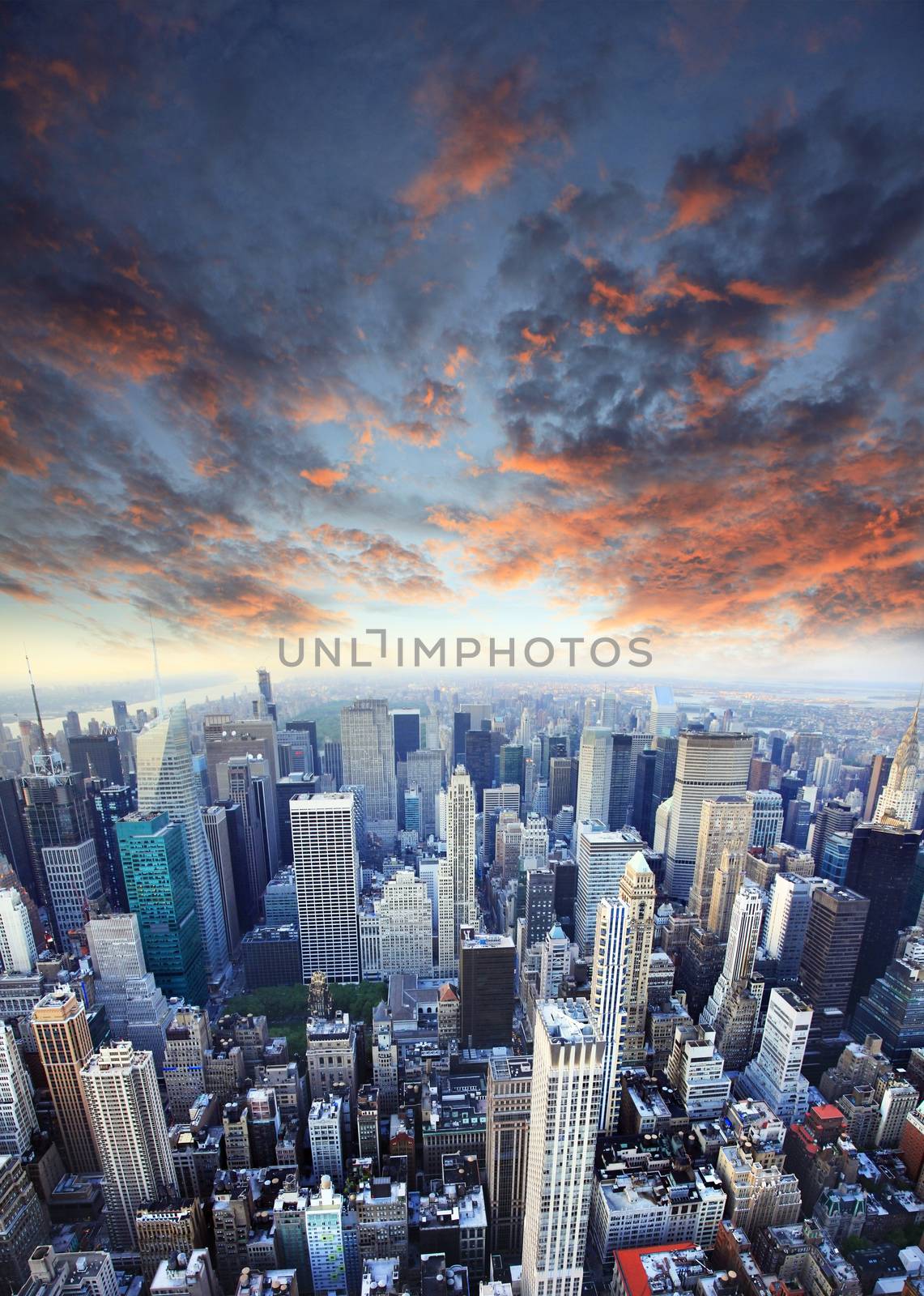New York City Manhattan skyline aerial view with Empire State and skyscrapers 
