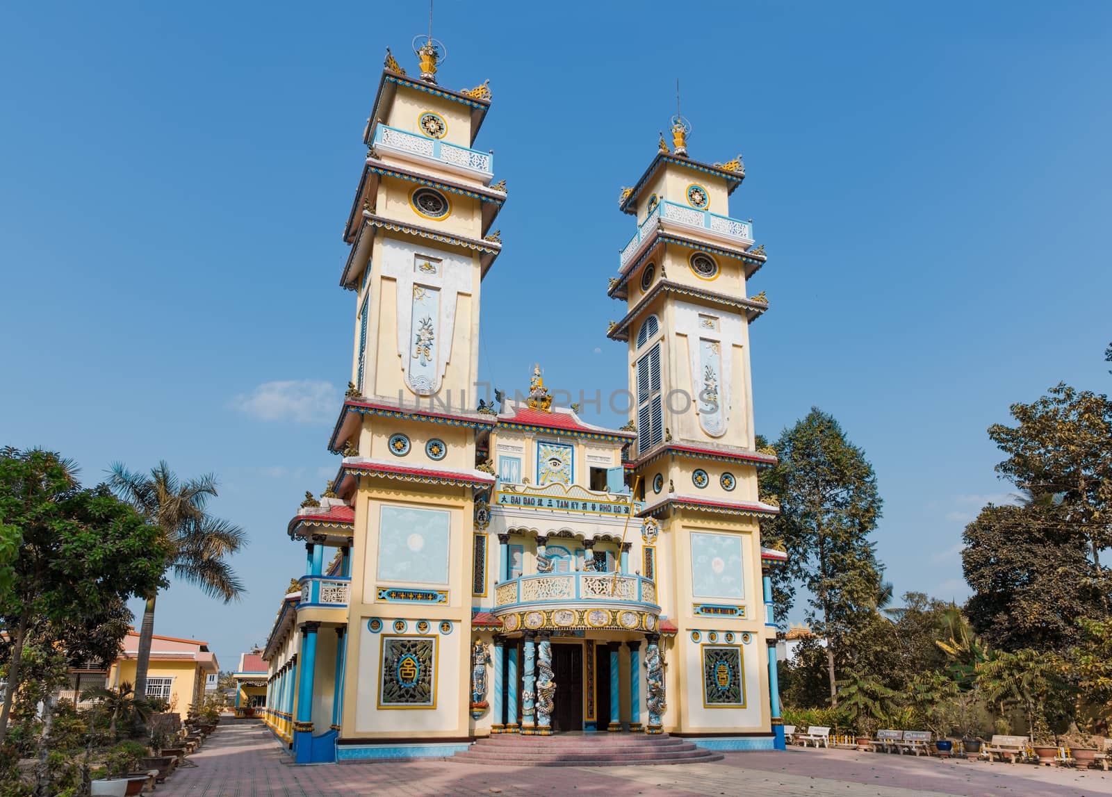 Cao Dai temple in Cao Lanh, the capital of Dong Thap Province in Vietnam. Cao Dai is a Vietnamese monotheistic religion with around 6 million followers, mostly in Vietnam.