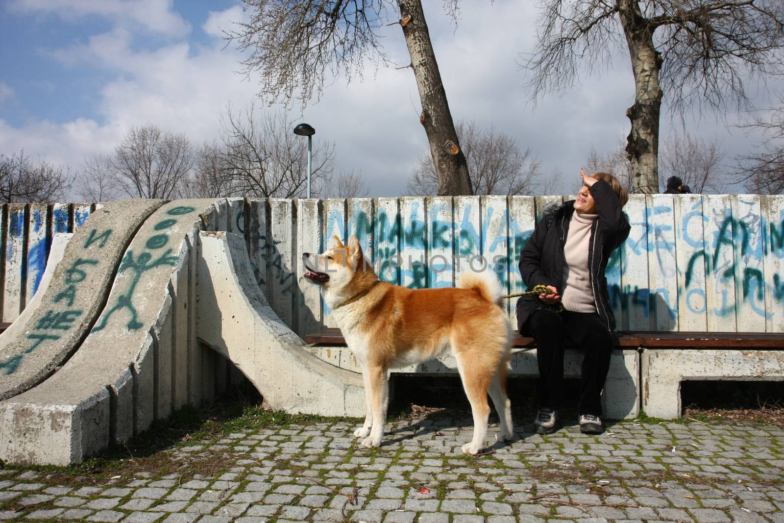 Lady with Akita Inu watch overflight sitting in front of graffiti