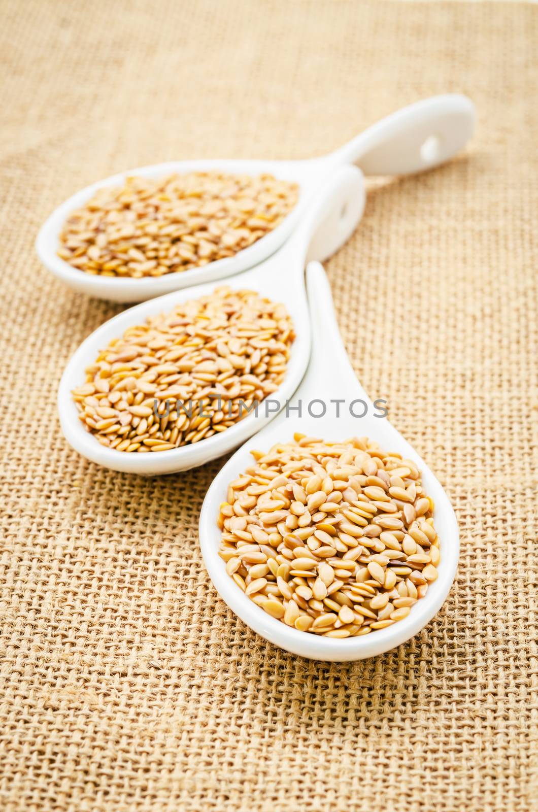 Golden flax seeds or linseeds in white spoon on sack background. Super food.