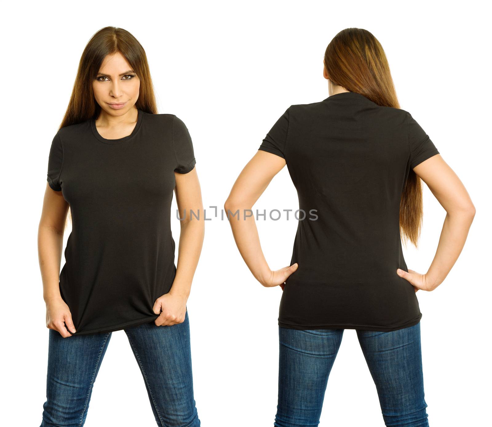 Young beautiful brunette woman with blank black shirt, front and back. Ready for your design or artwork.
