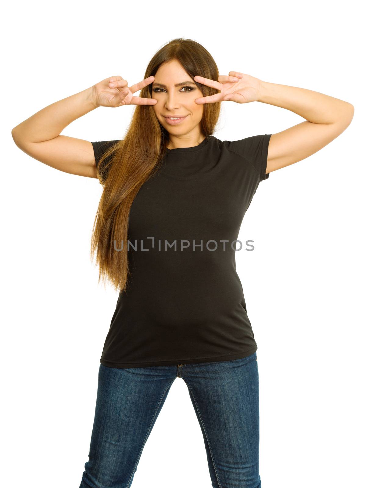 Photo of a sexy brunette woman with blank black shirt, making a pulp fiction v-sign mask. Ready for your design or artwork.
