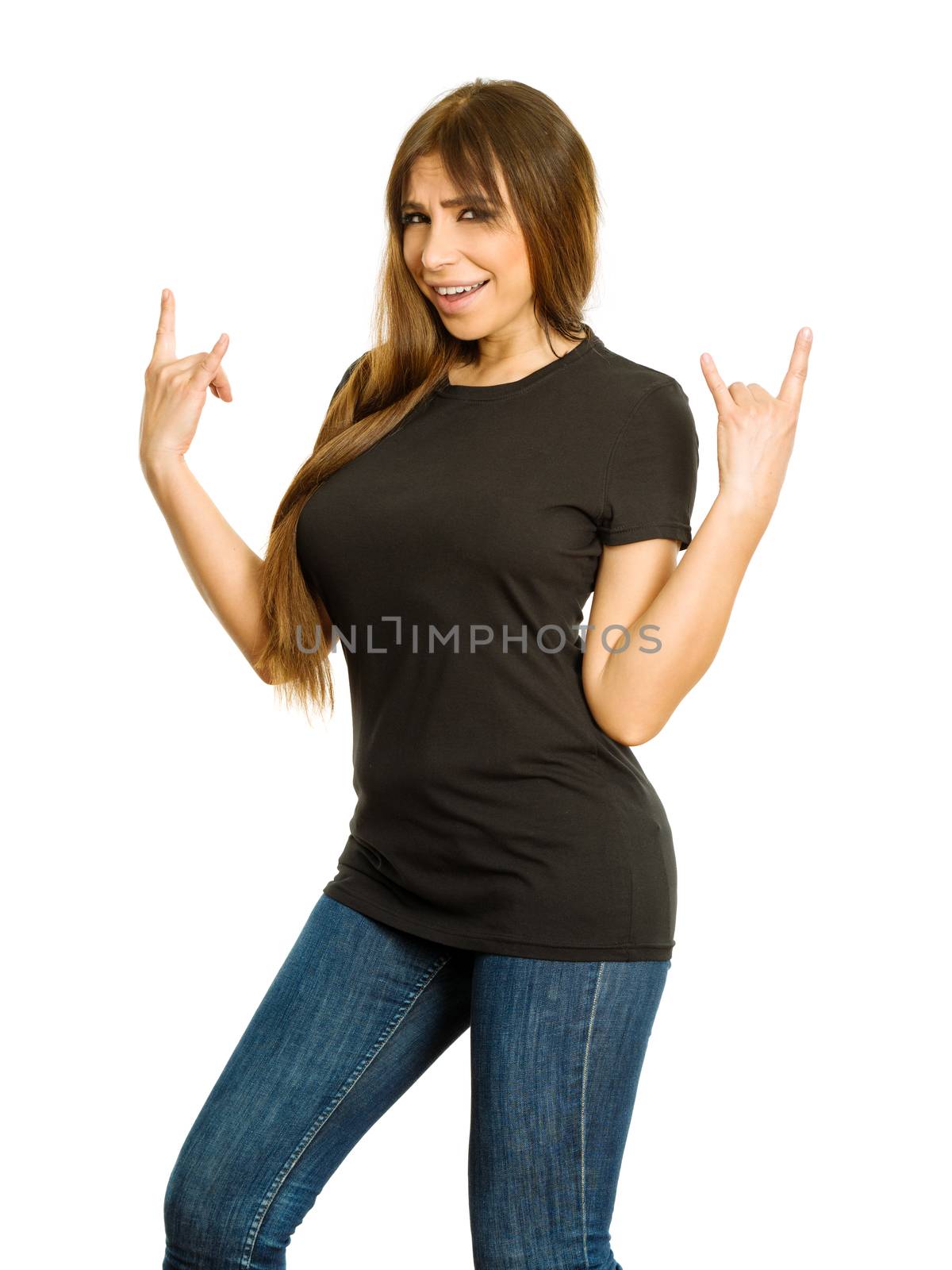 Photo of a sexy brunette woman with blank black shirt, making devil horn hand gesture. Ready for your design or artwork.
