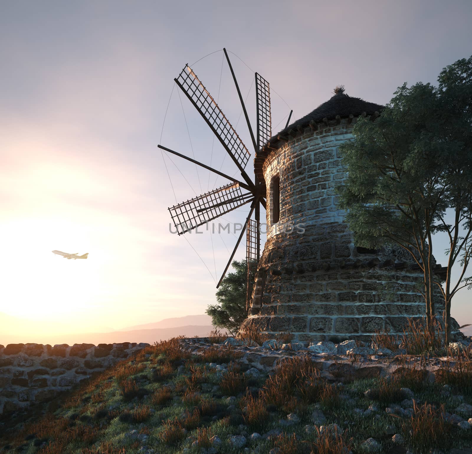 windmill on sunset background and plane travel technology concept composition by denisgo