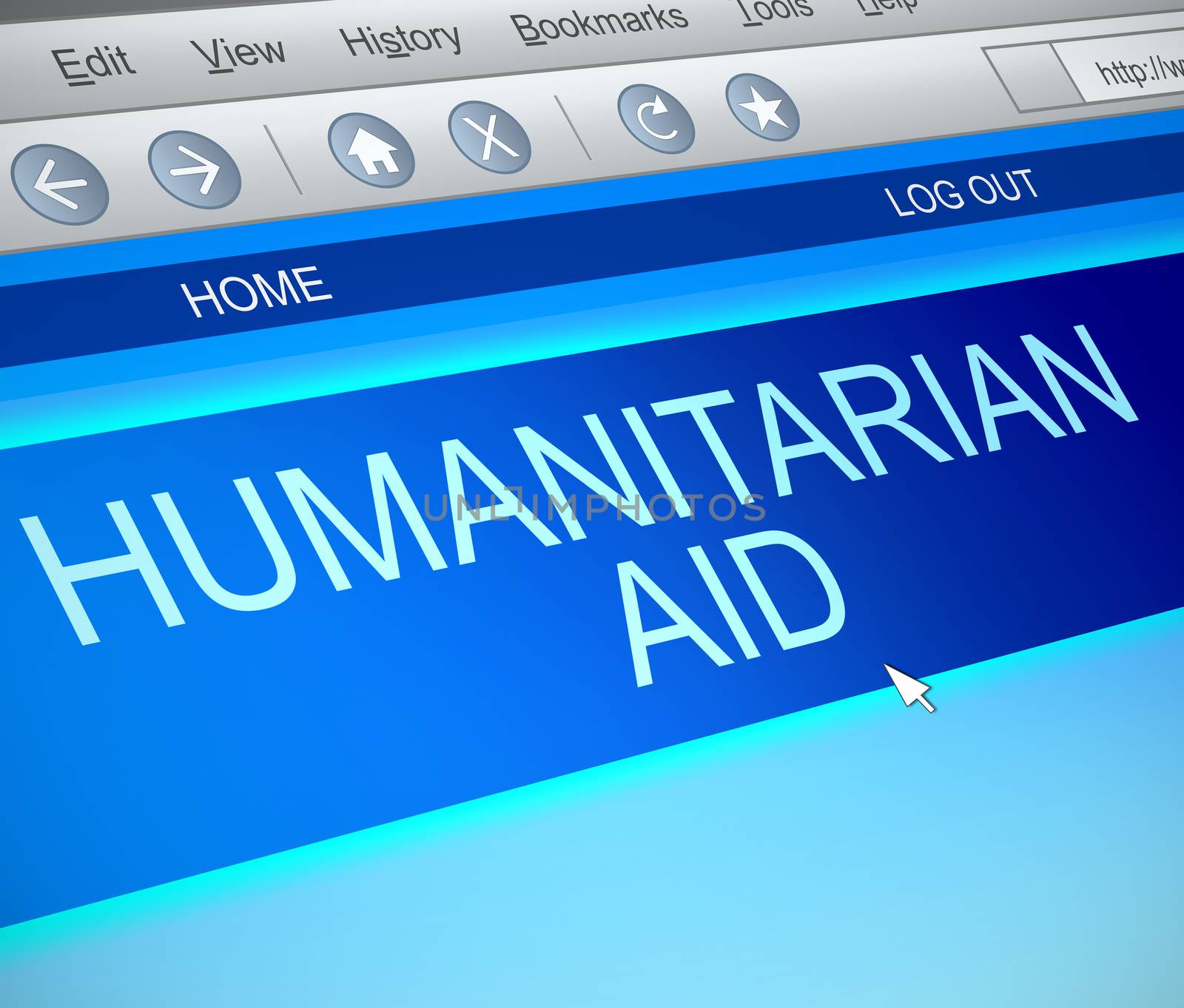 Illustration depicting a computer screen capture with a humanitarian aid concept.