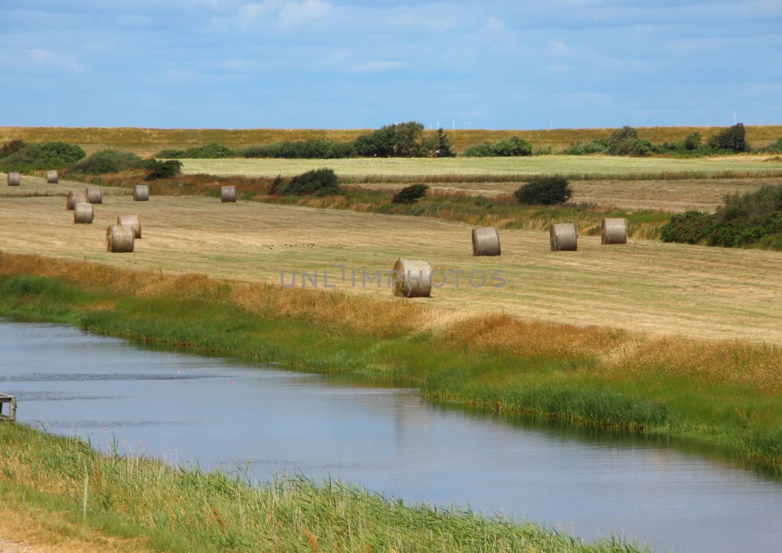 Round Golden Straw Bales in Summer Landscape Field with River