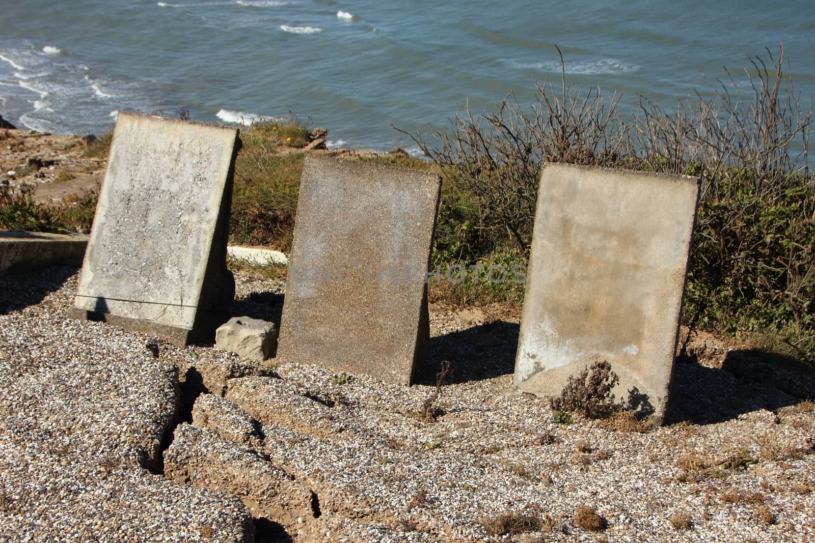 Three Headstones at Edge of Cliff with Ocean Background