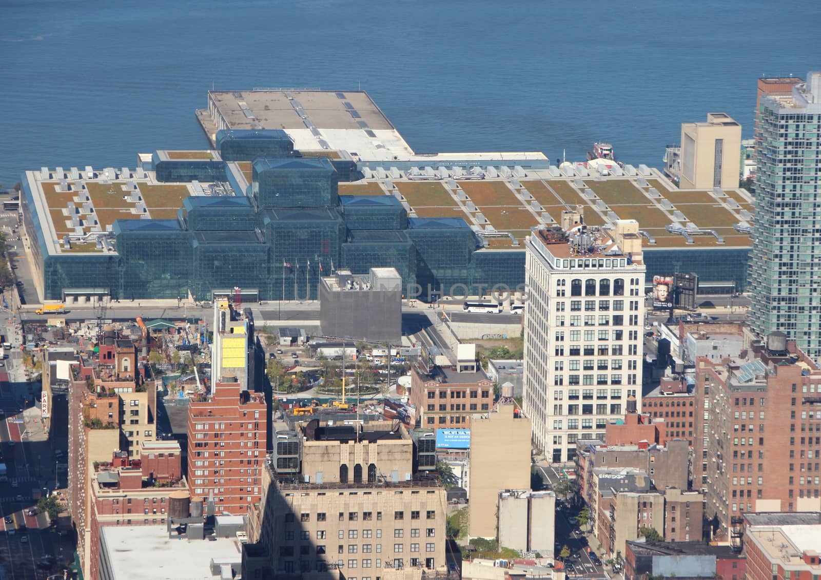 Javits Conference Center New York in Aerial Perspective with Hudson River in Background
