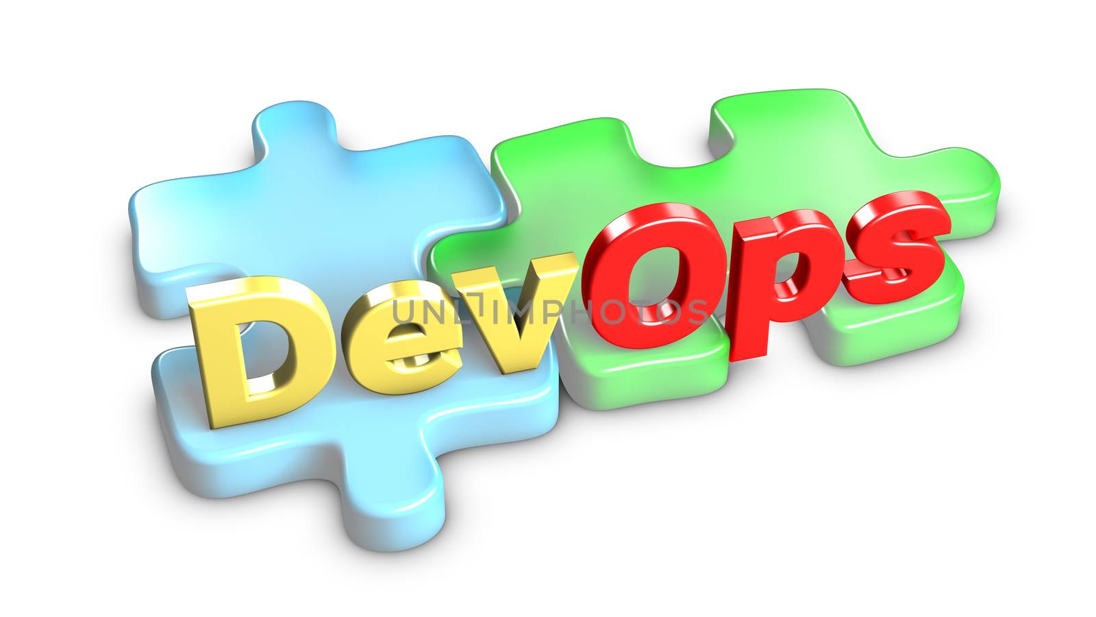 DevOps means development and operations. Each entity is a piece of the puzzle. 3d rendering.