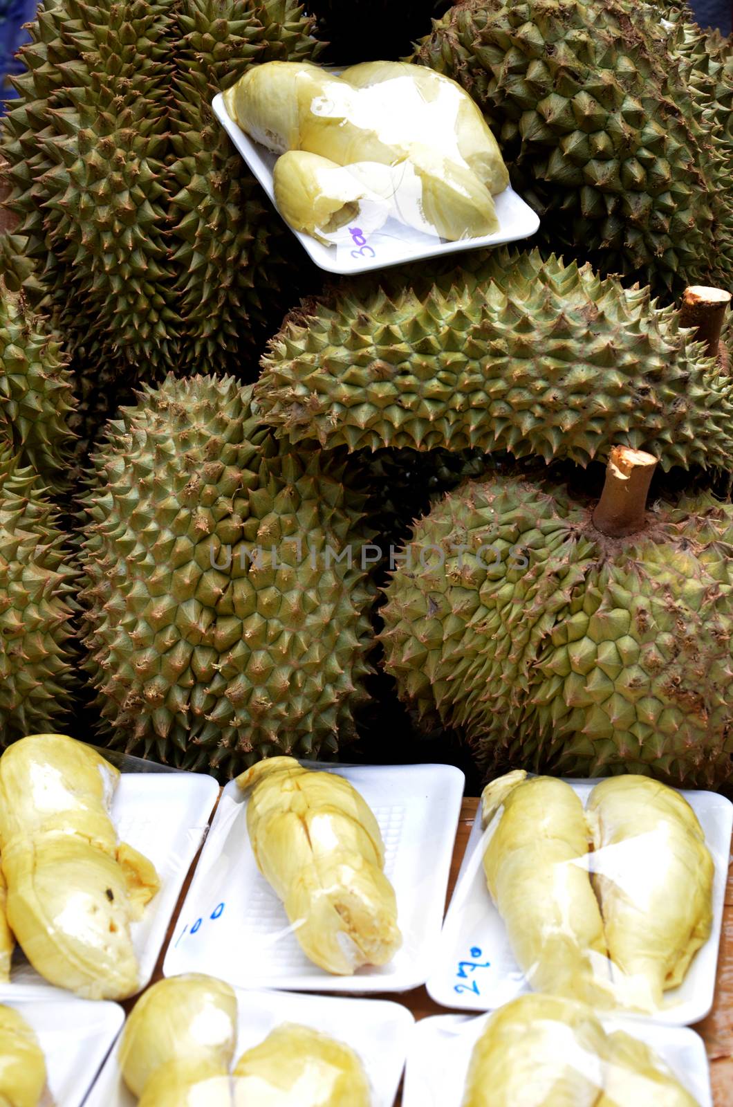 Fresh peeled durian at the street market