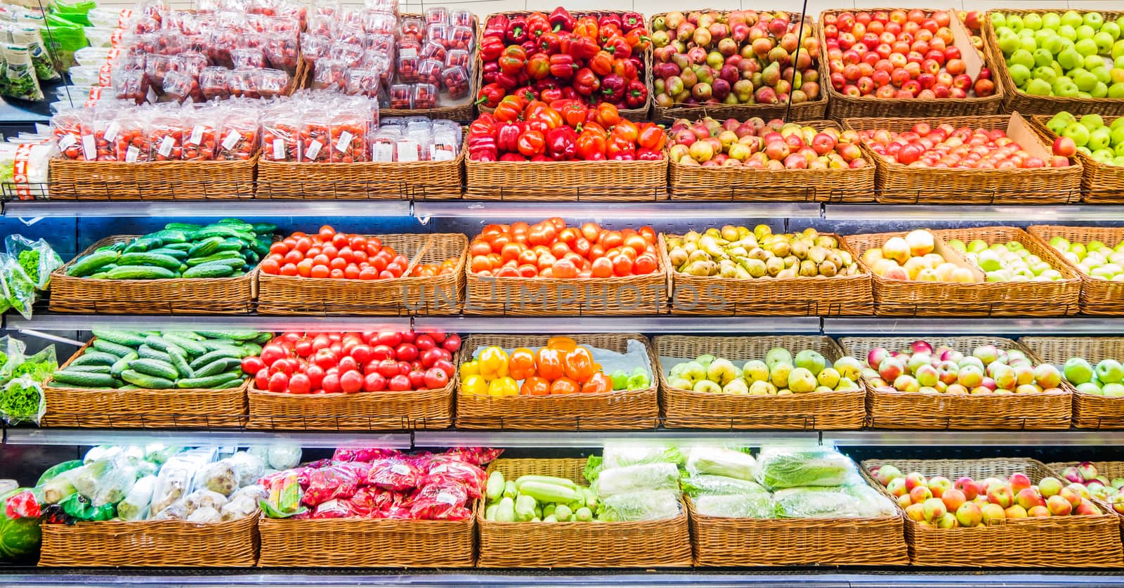 Fresh fruits and vegetables on shelf in supermarket. For healthy concept