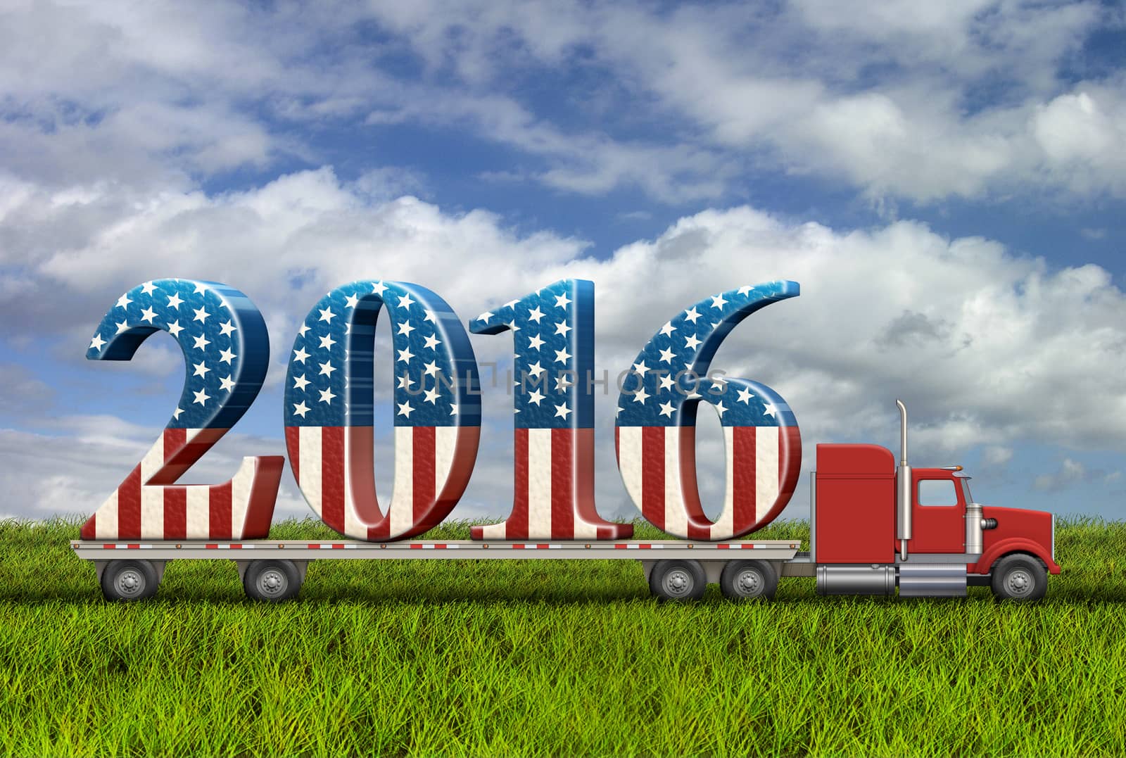 Illustration of a flatbed truck carrying the numbers 2016.