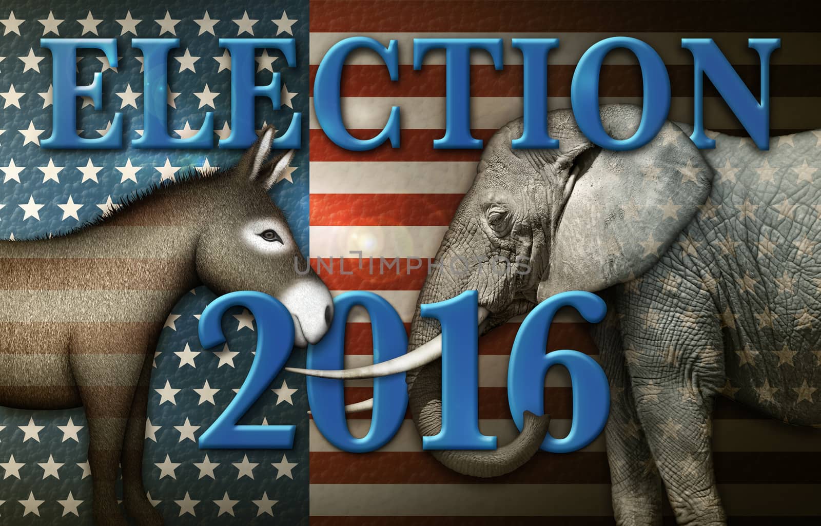 Election 2016 title with a Donkey and Elephant against a stars and stripes background.