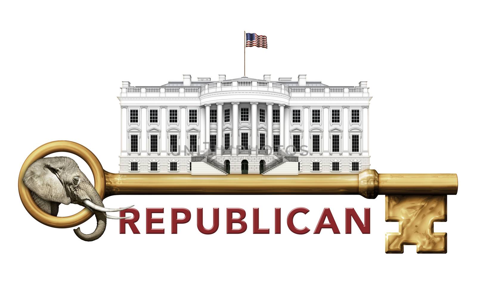 Digital illustration of the White House, a skeleton key, and an elephant representing the Republican party.