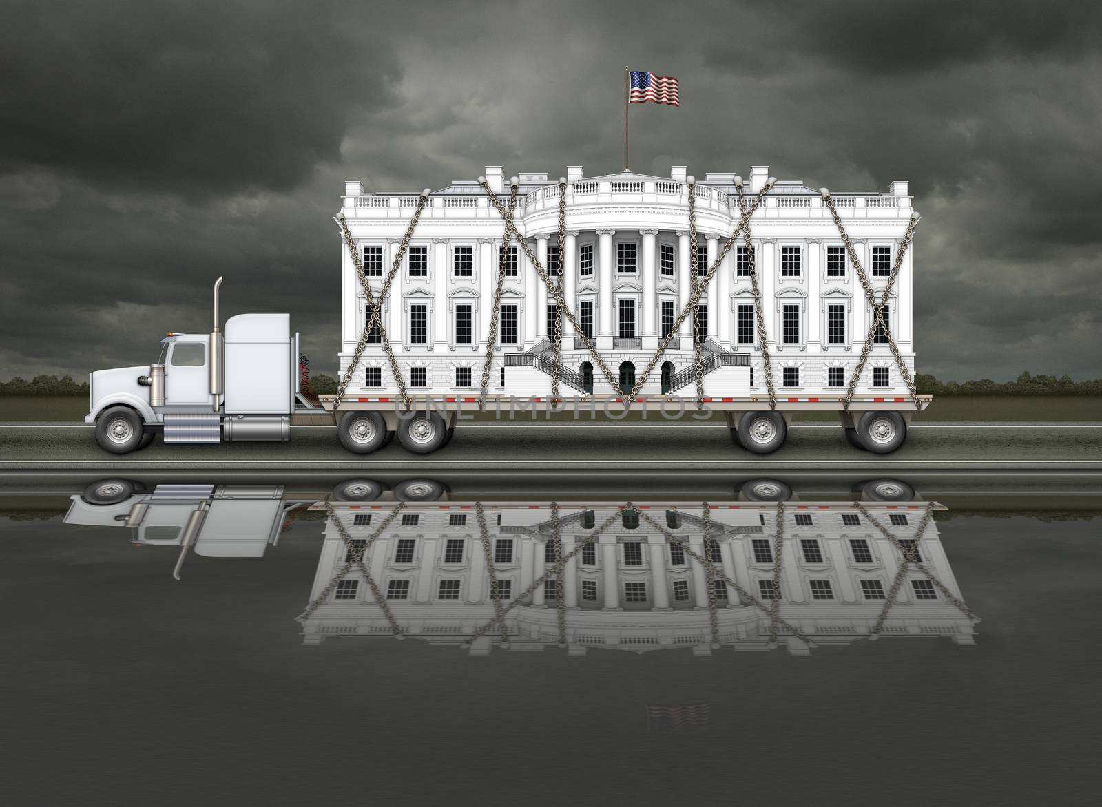 Digital illustration of the White House on a flat bed truck.