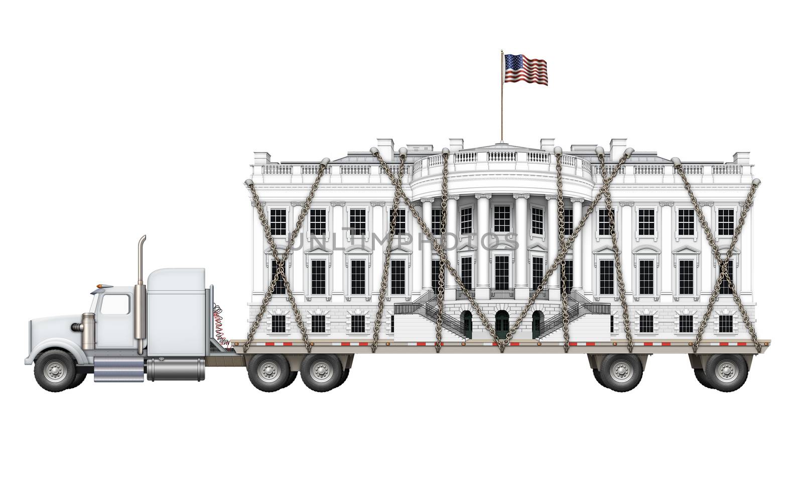 Digital illustration of the White House on a flat bed truck.