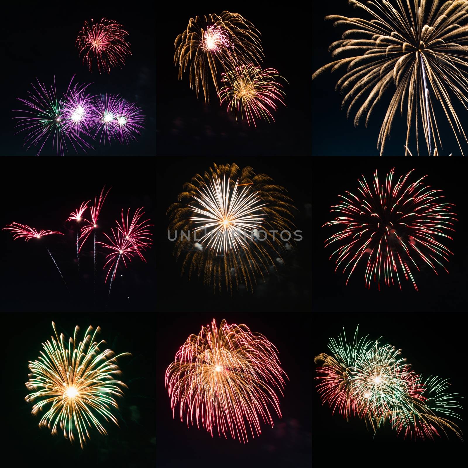 Beautiful colorful holiday fireworks on the black sky background, long exposure
