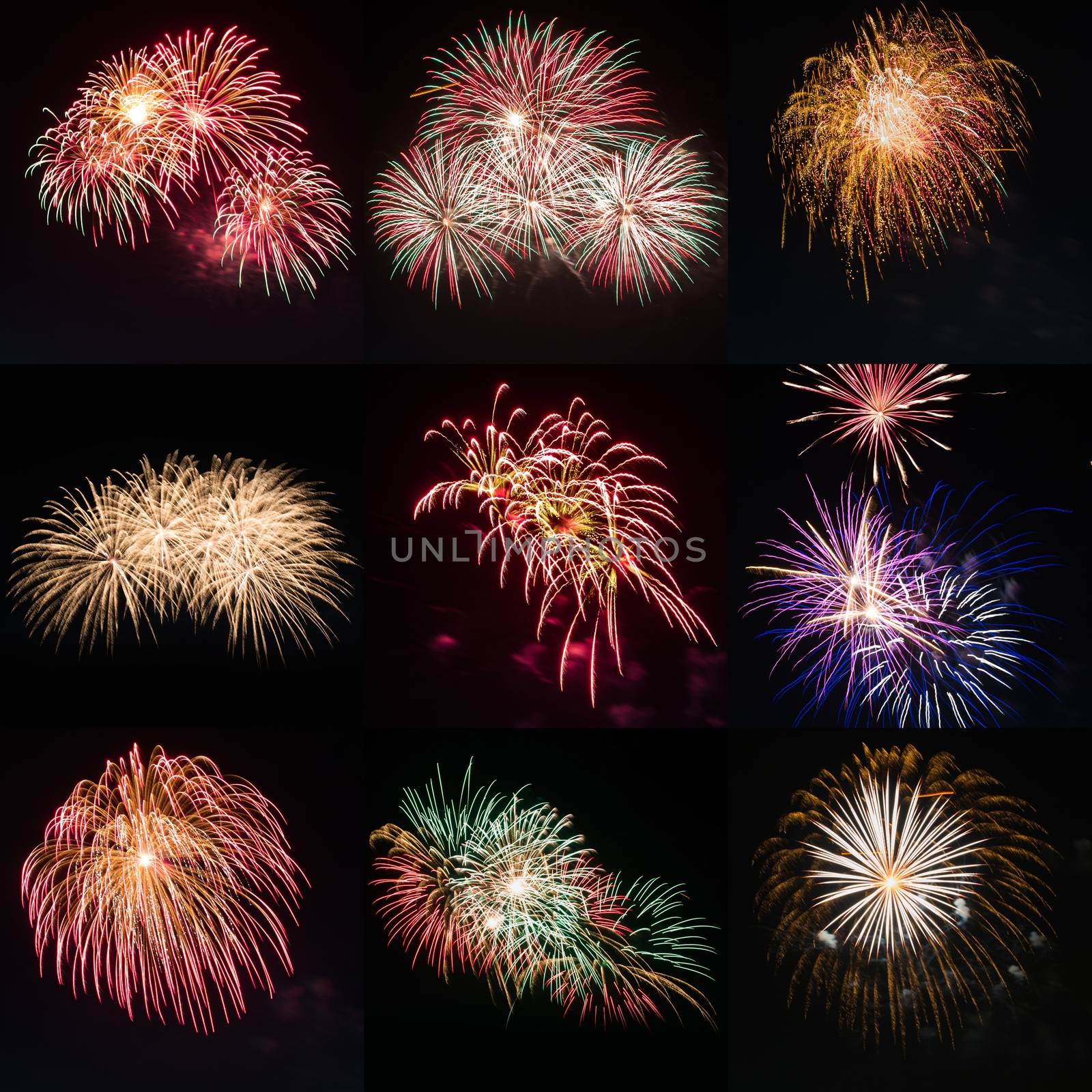 Beautiful colorful holiday fireworks on the black sky background, long exposure