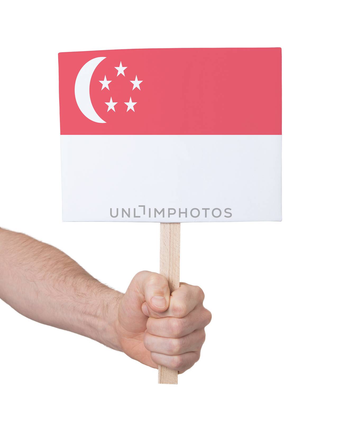 Hand holding small card - Flag of Singapore by michaklootwijk