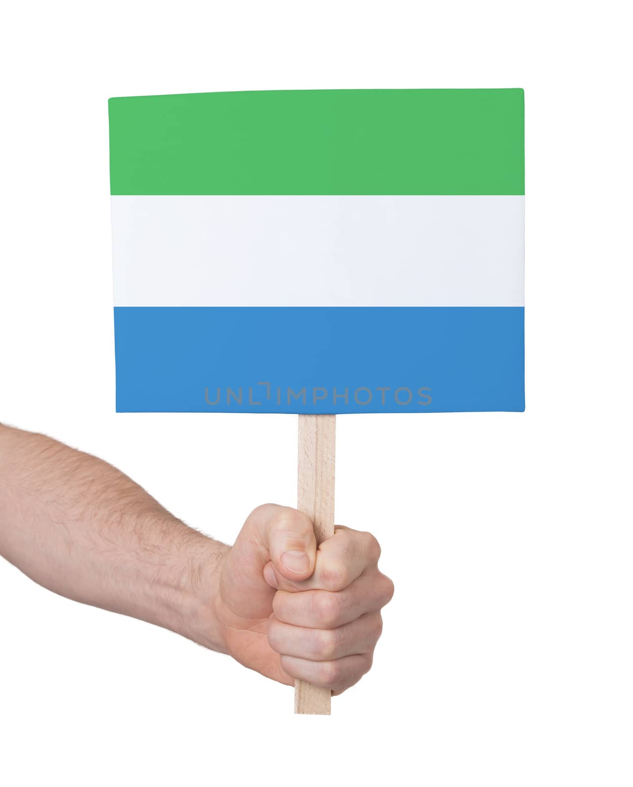 Hand holding small card - Flag of Sierra Leone by michaklootwijk
