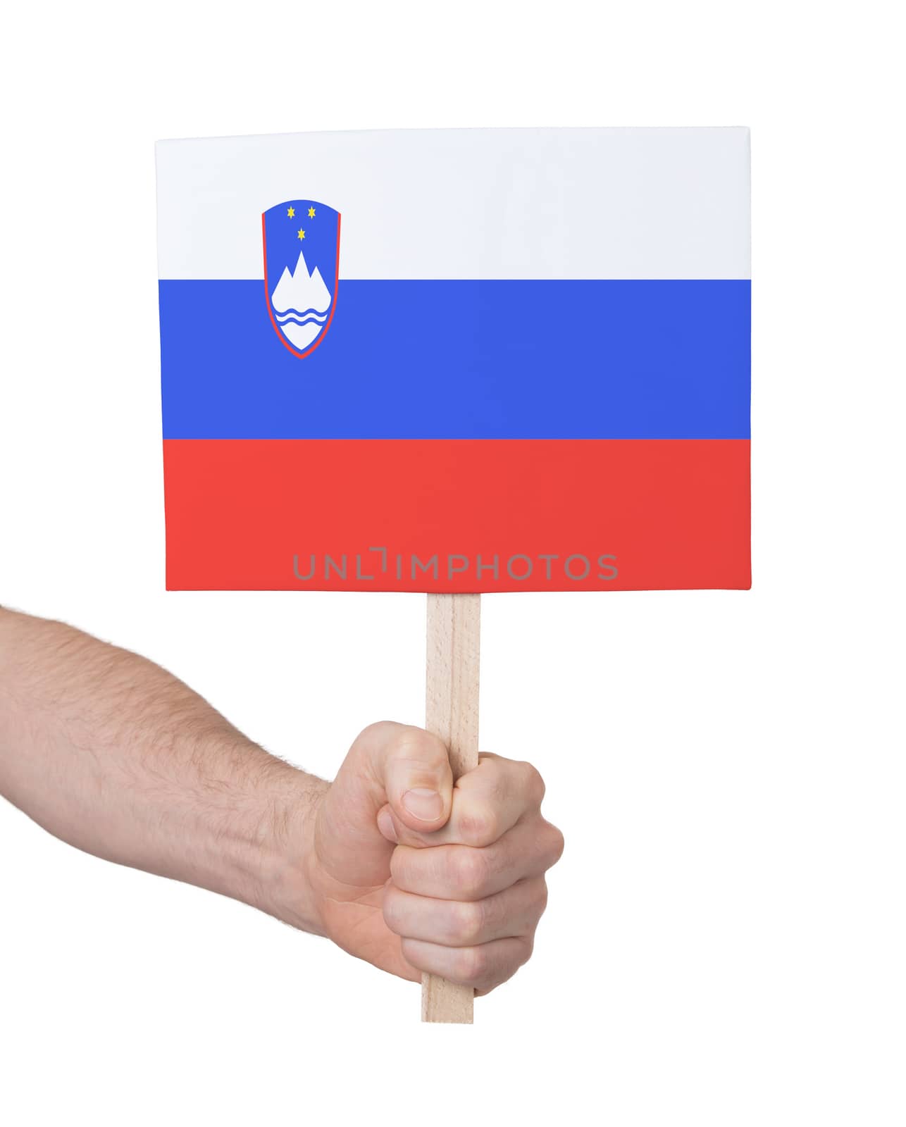 Hand holding small card - Flag of Slovenia by michaklootwijk