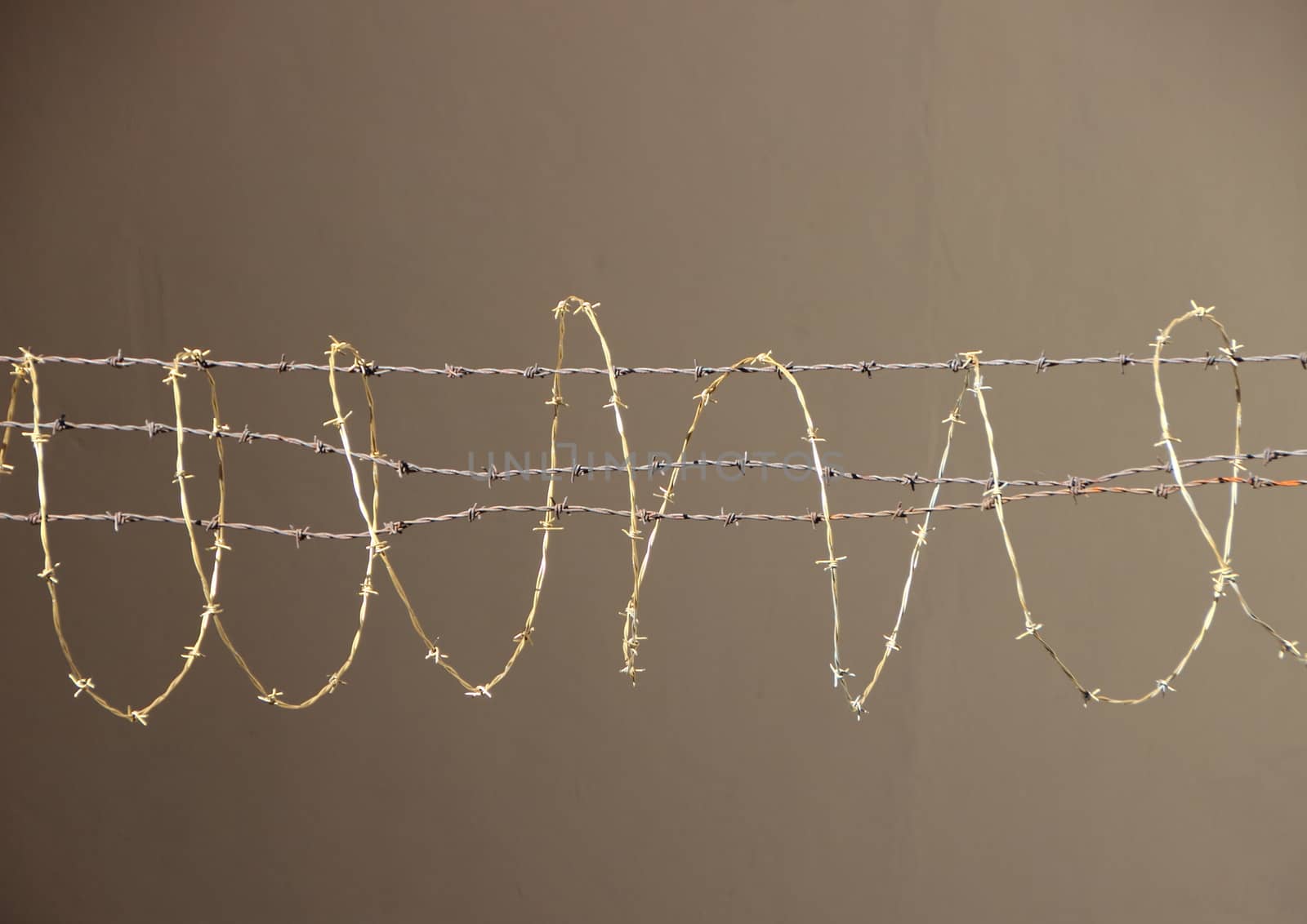 Isolated Barbwire Fence in Silver and Gold Metal on Brown Background