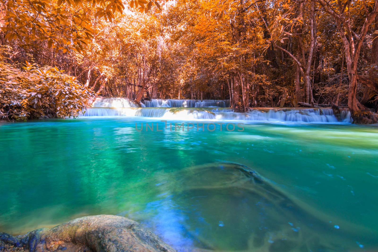 Waterfalls In Deep Forest at Huai Mae Khamin Waterfall in National Park Kanchanaburi Thailand