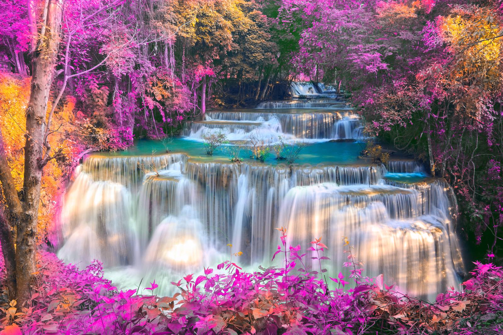 Waterfalls In Deep Forest at Huai Mae Khamin Waterfall in National Park Kanchanaburi Thailand