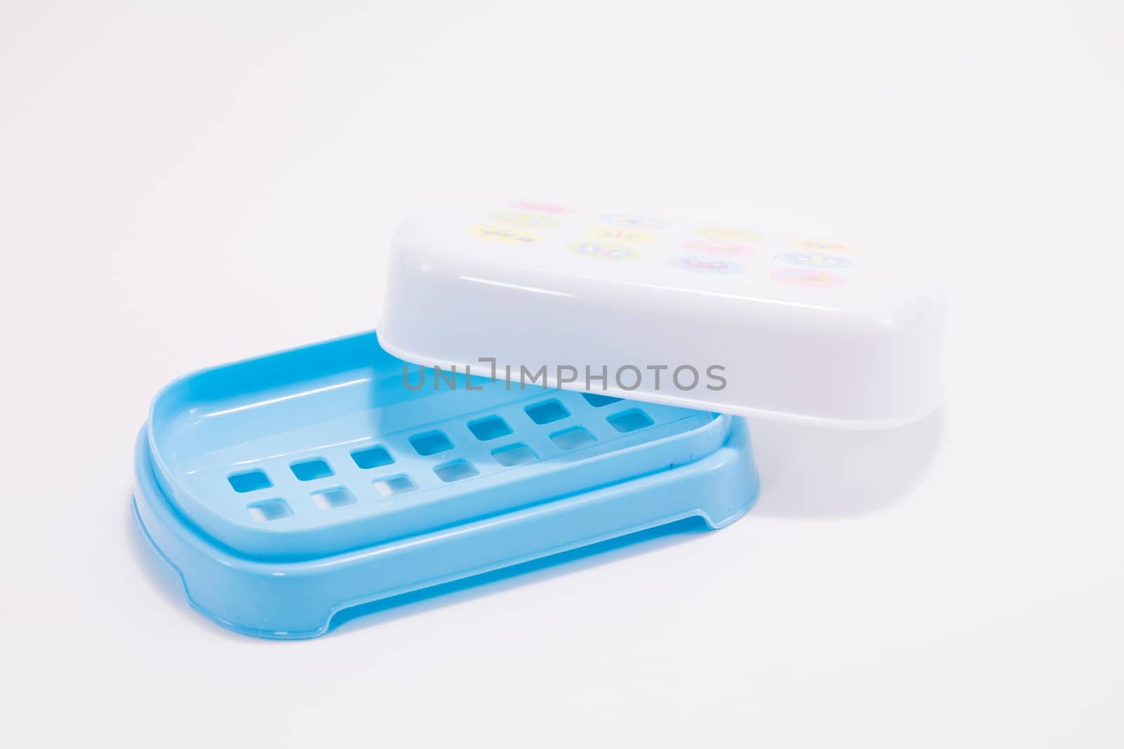 blue  plastic soap box on white background