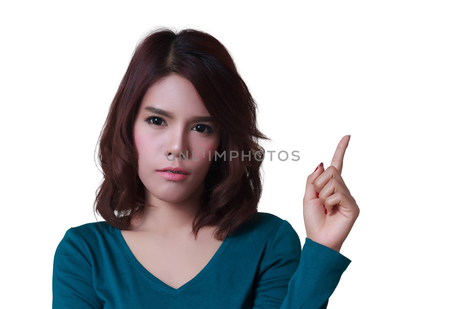 Young excited woman point finger showing something to side empty copy space, concept girl advertisement product