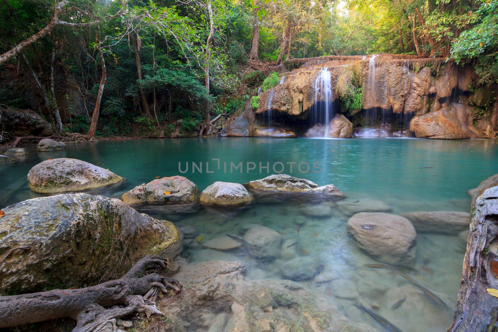 Waterfalls In Deep Forest at Erawan Waterfall in National Park Kanchanaburi Thailand