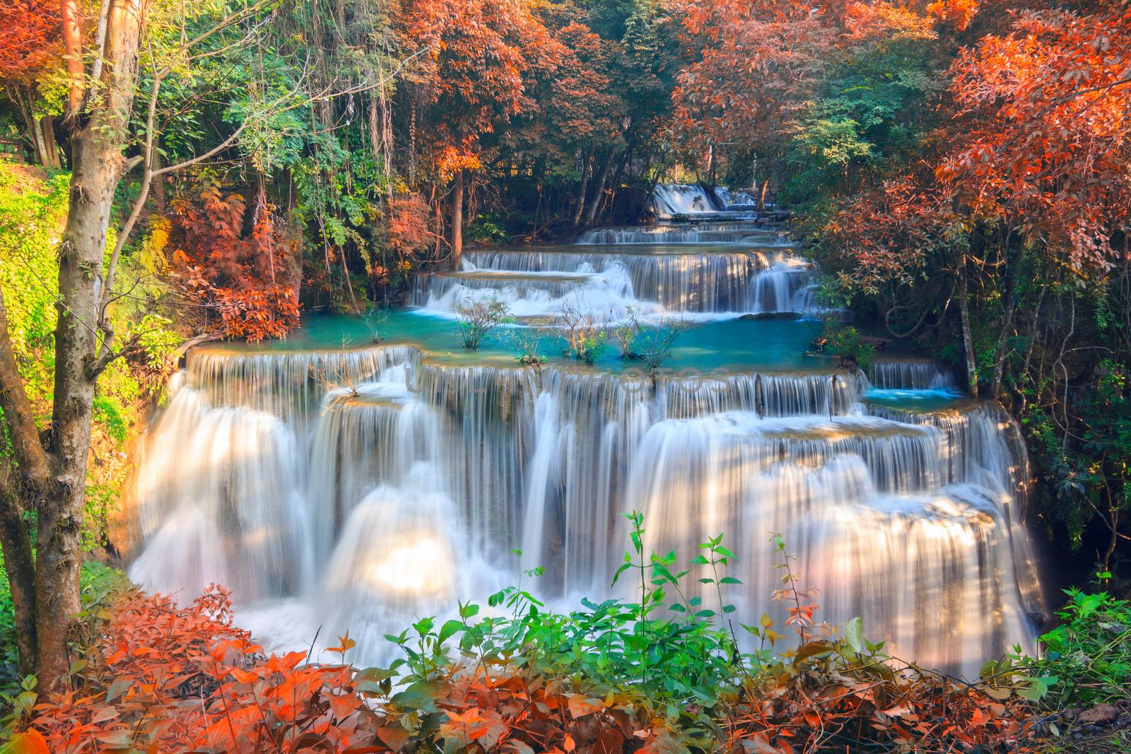 Waterfalls In Deep Forest at Huai Mae Khamin Waterfall in National Park Kanchanaburi Thailand