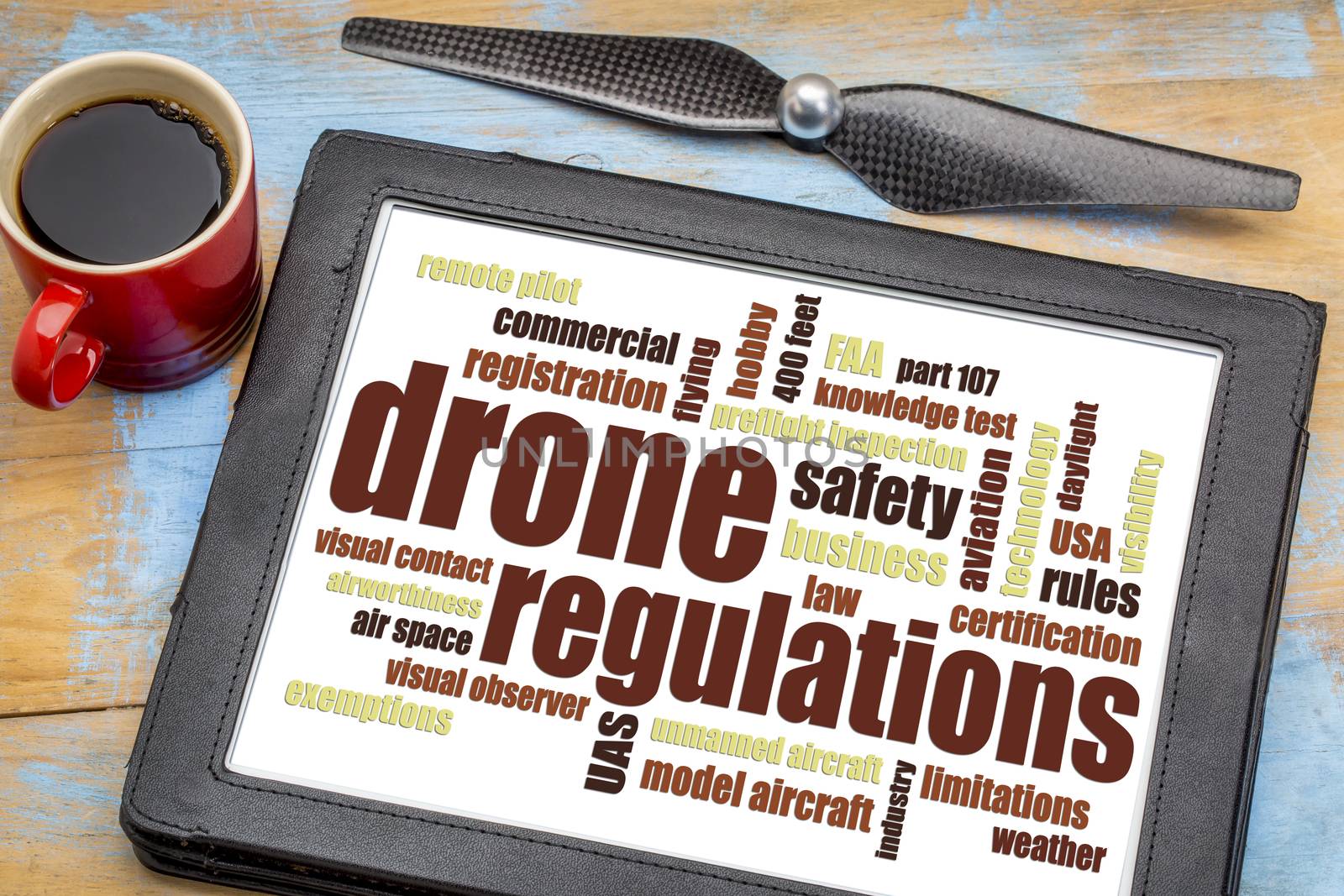 drone regulations (USA, FAA related) word cloud on a digital tablet with a cup of coffee