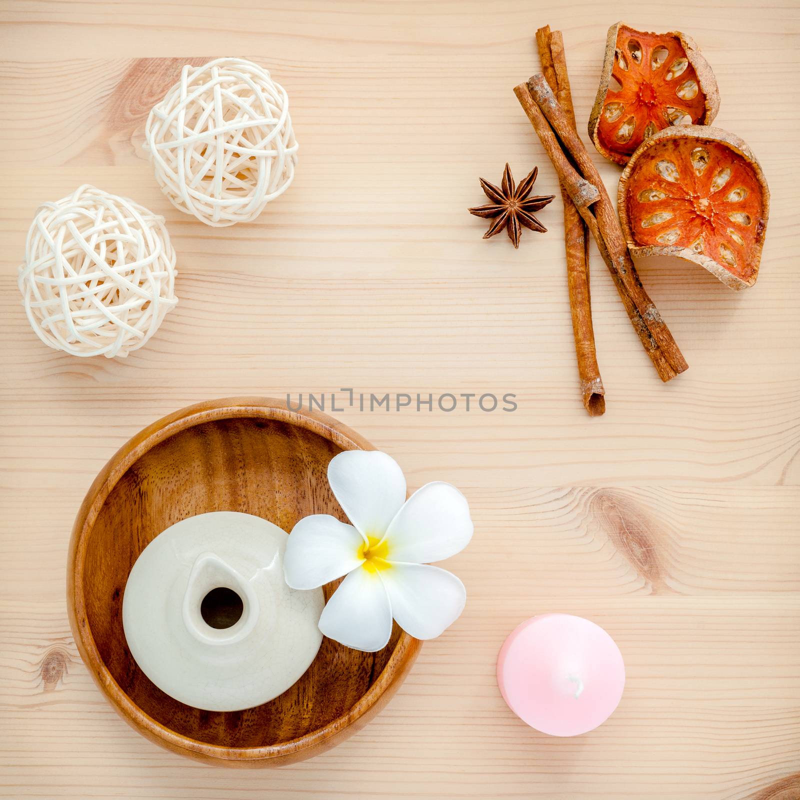 Frangipani tropical flowers with herba spa products . Plumeria f by kerdkanno