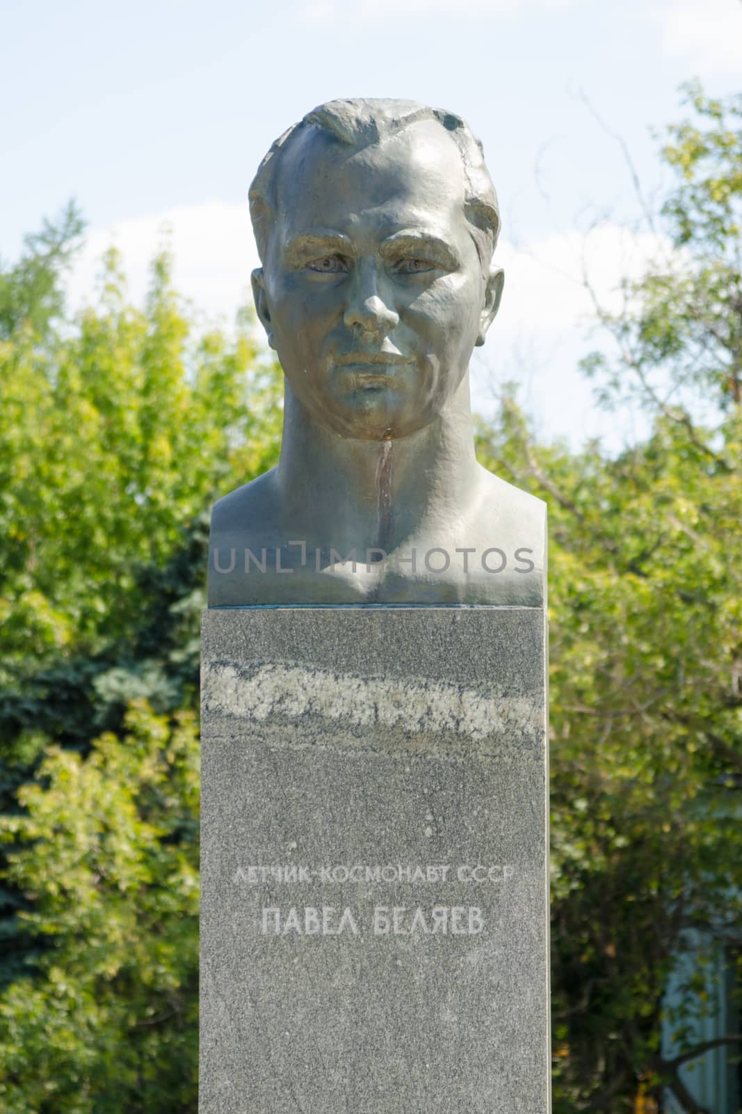 Moscow, Russia - August 10, 2015: Monument to cosmonaut Pavel Belyaev at the Alley of cosmonauts at the monument "Conquerors of Space" in Moscow