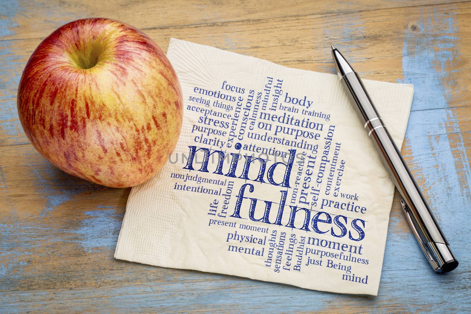 mindfulness word cloud on a napkin with a fresh apple