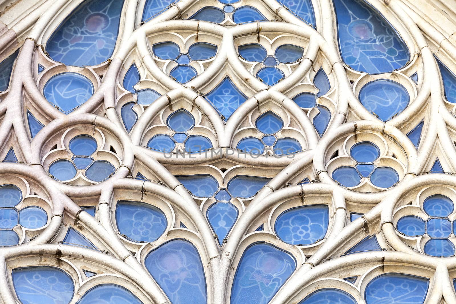 Details of rose window in  Barcelona Cathedral in Gothic Quarter, Spain.